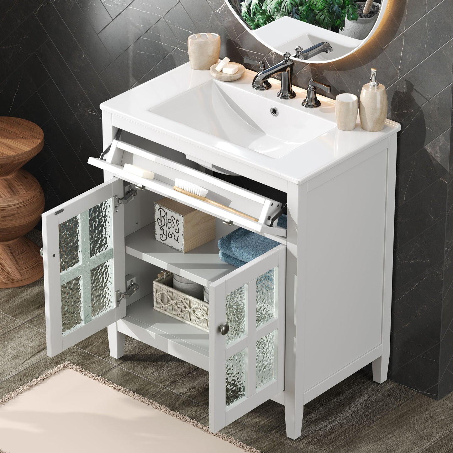 Bathroom vanity with ceramic sink, white finish, chrome faucet, adjustable shelf and tip-out tray on Tampa Home & Garden Store