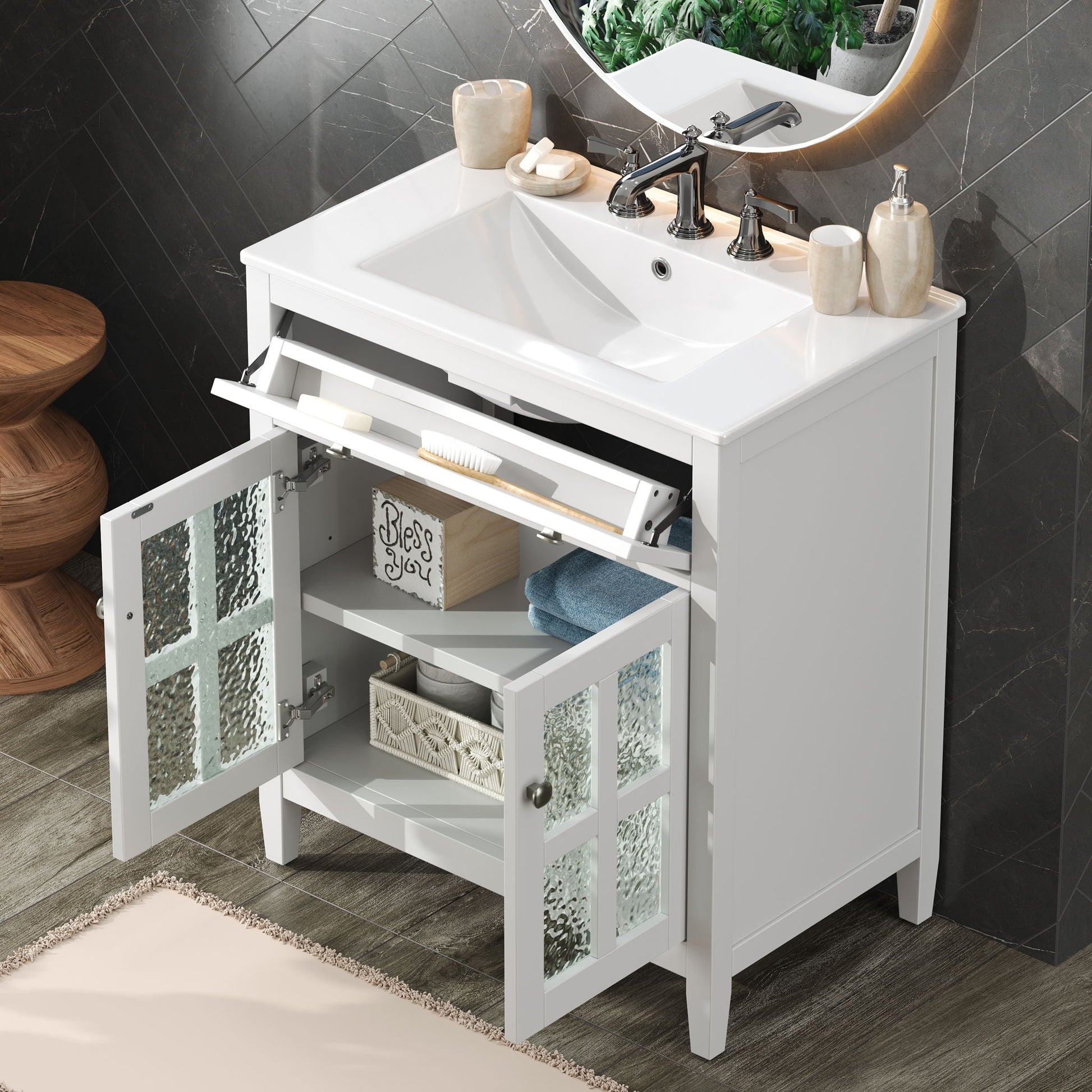 Bathroom vanity with ceramic sink, white finish, chrome faucet, adjustable shelf and tip-out tray on Tampa Home & Garden Store