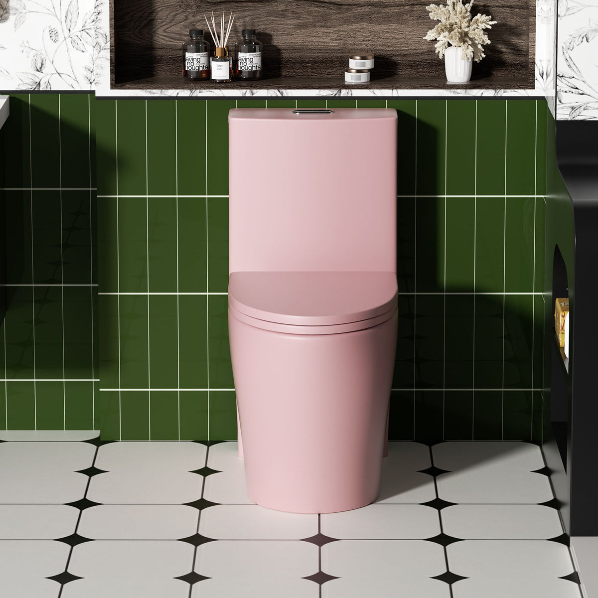 Pink one-piece toilet with ADA height and Tornado Flush dual-flush on Tampa Home & Garden Store