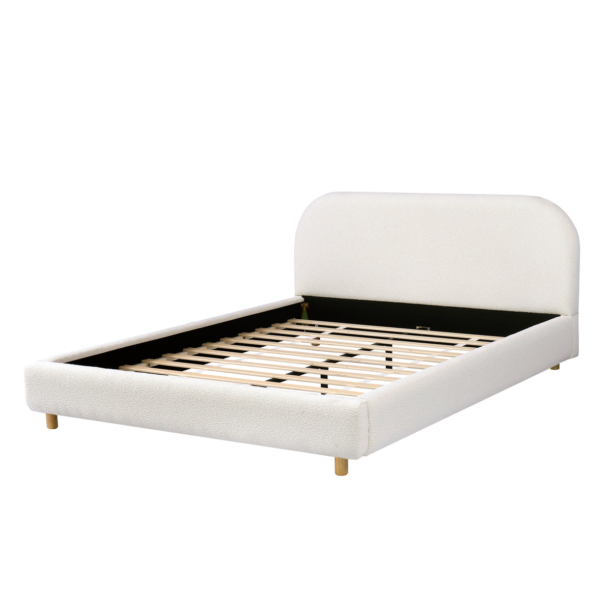 Queen size bed in cream boucle with headboard and wooden legs slatted base by HouseOfZazla on Tampa Home & Garden Store