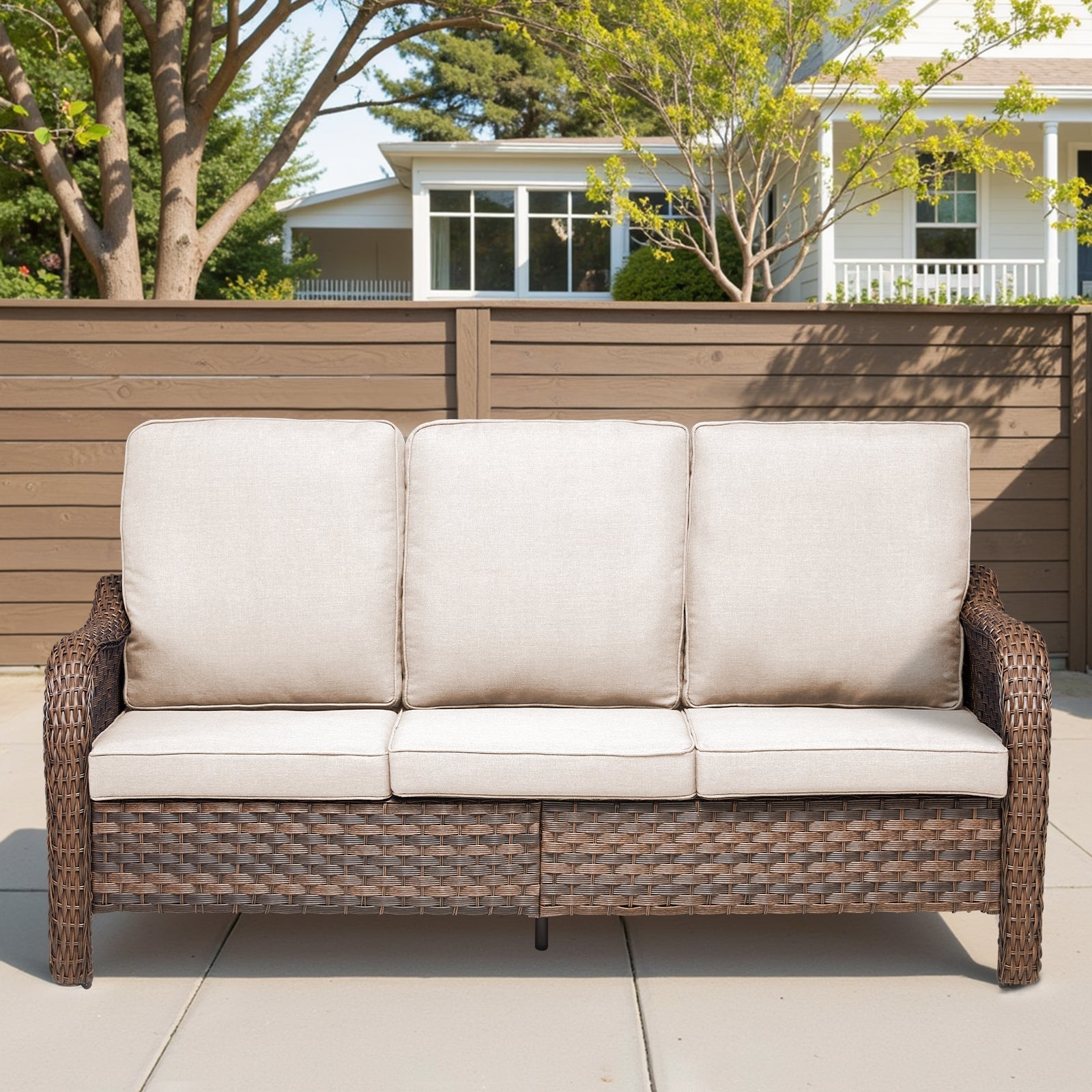 70.9-inch PE wicker rattan outdoor furniture set by HouseOfZazla with beige cushions on Tampa Home & Garden Store