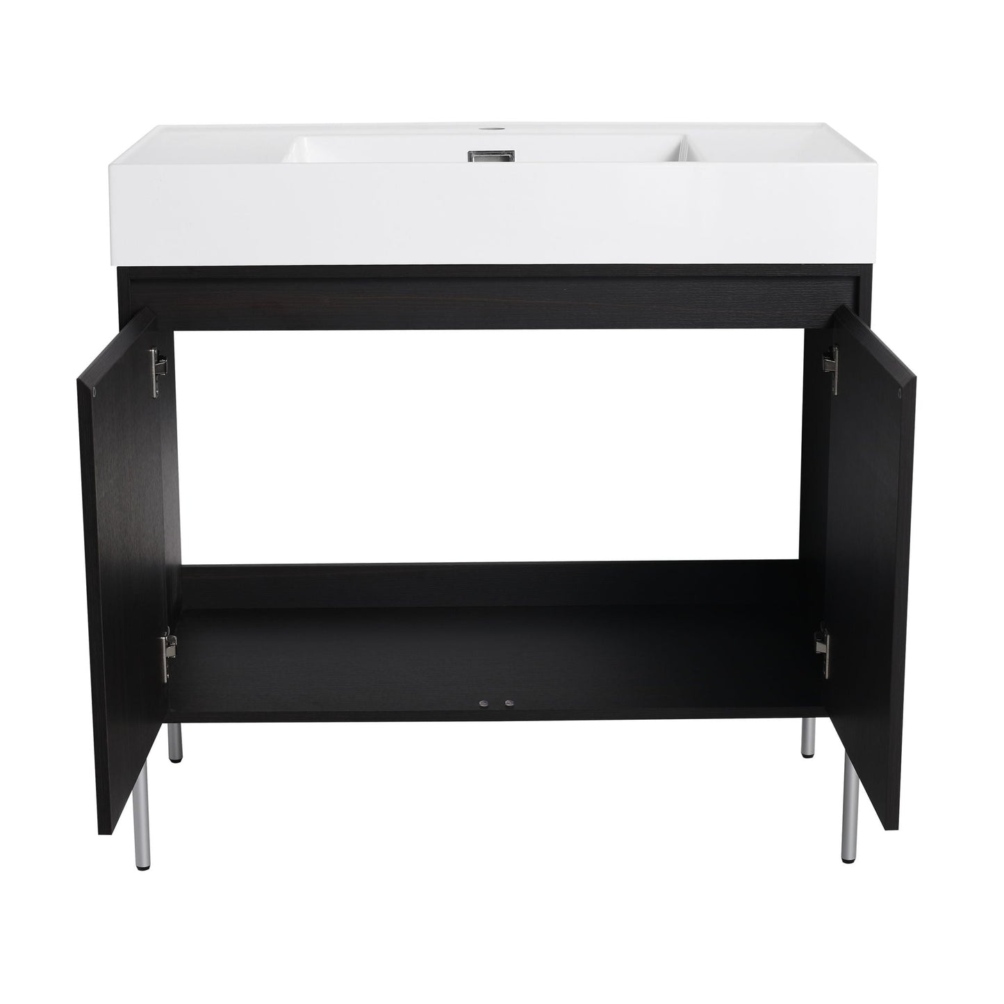 Freestanding bathroom vanity with white resin sink and dark wood cabinet on modern legs on Tampa Home & Garden Store