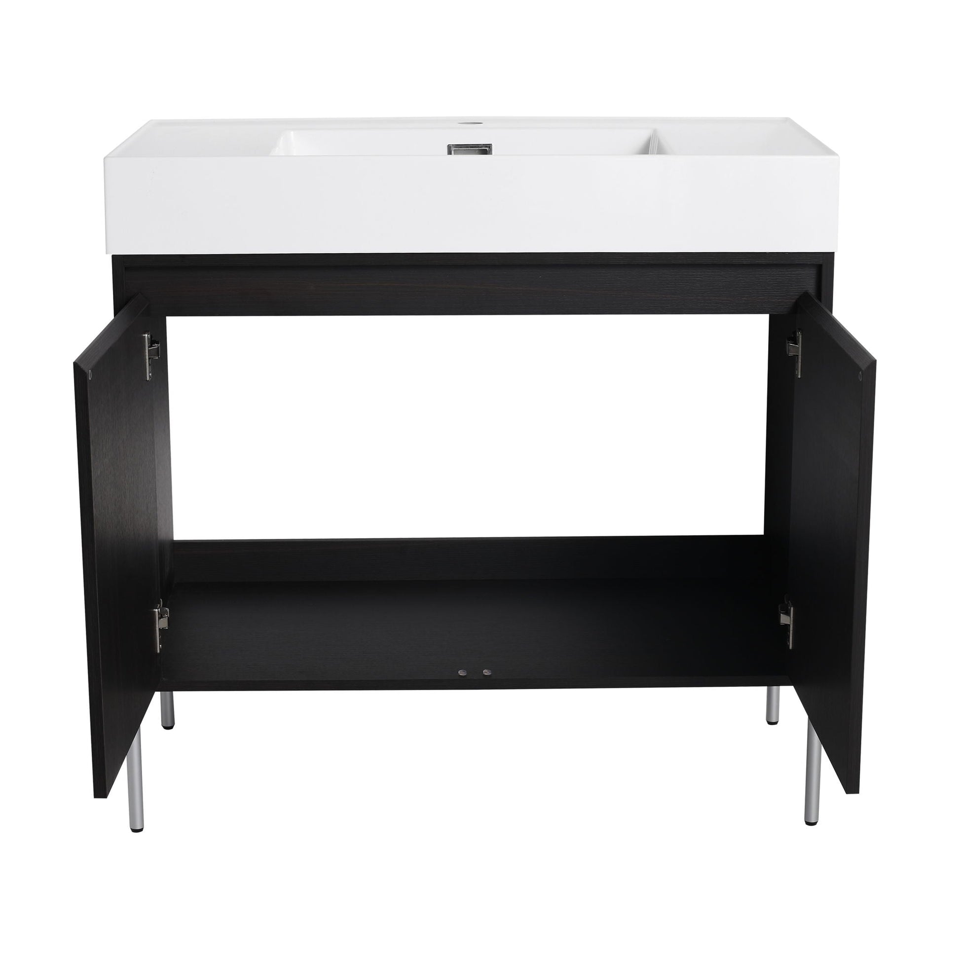 Freestanding bathroom vanity with white resin sink and dark wood cabinet on modern legs on Tampa Home & Garden Store