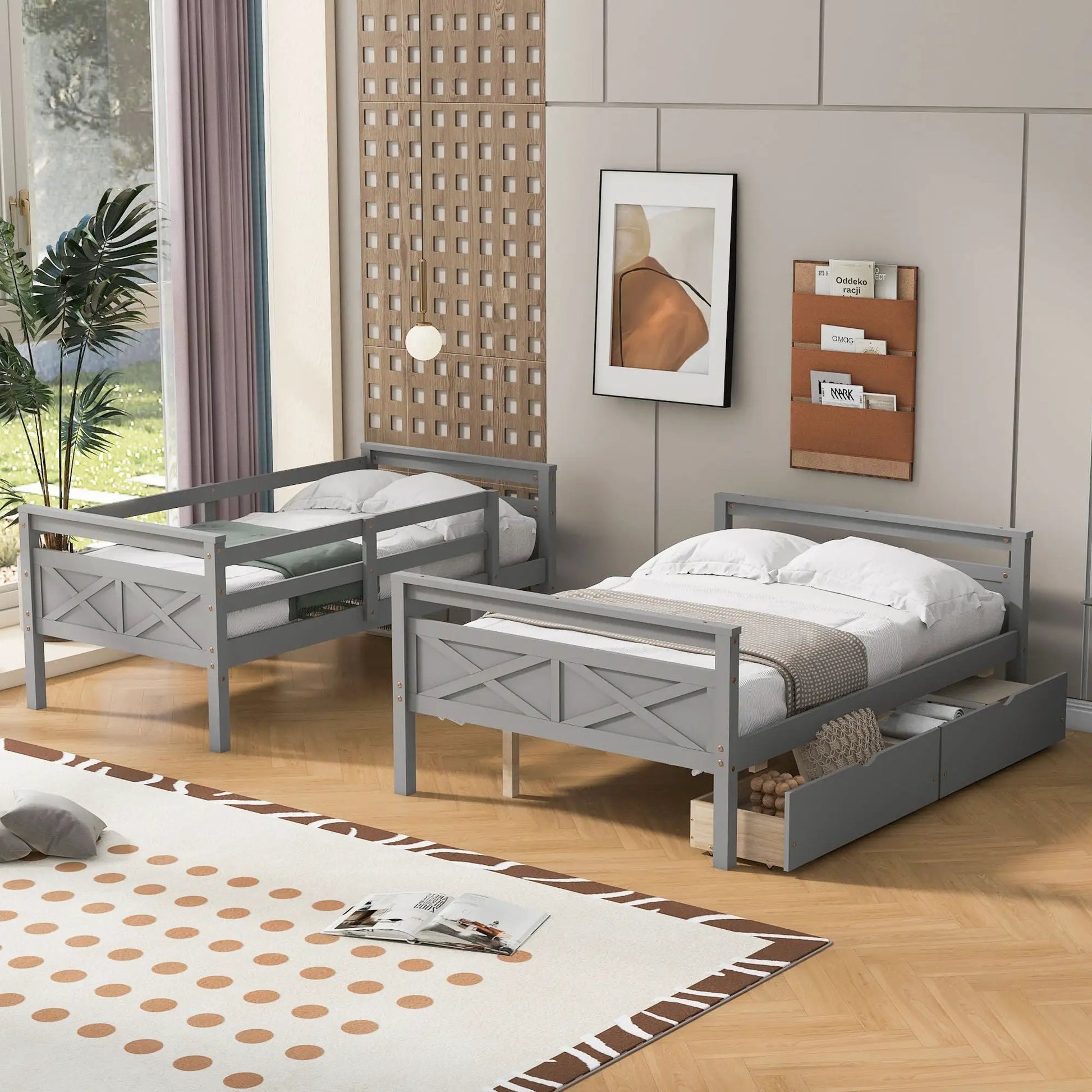 Gray wooden bunk bed with ladder and safety guardrail, includes under-bed storage drawers on Tampa Home & Garden Store