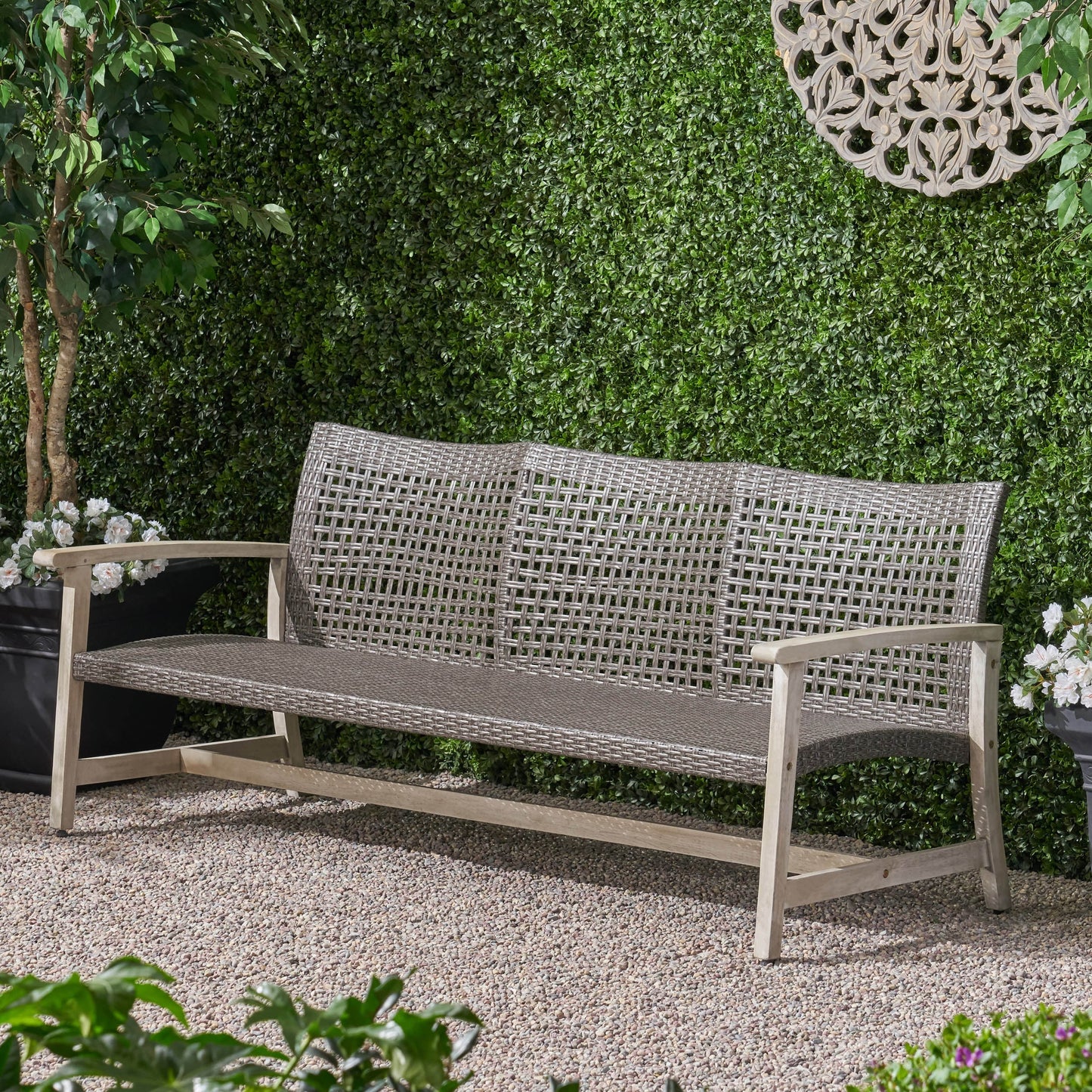 Outdoor Acacia Wood Wicker 3 Seater Sofa with natural wood frame and brown weave on Tampa Home & Garden Store