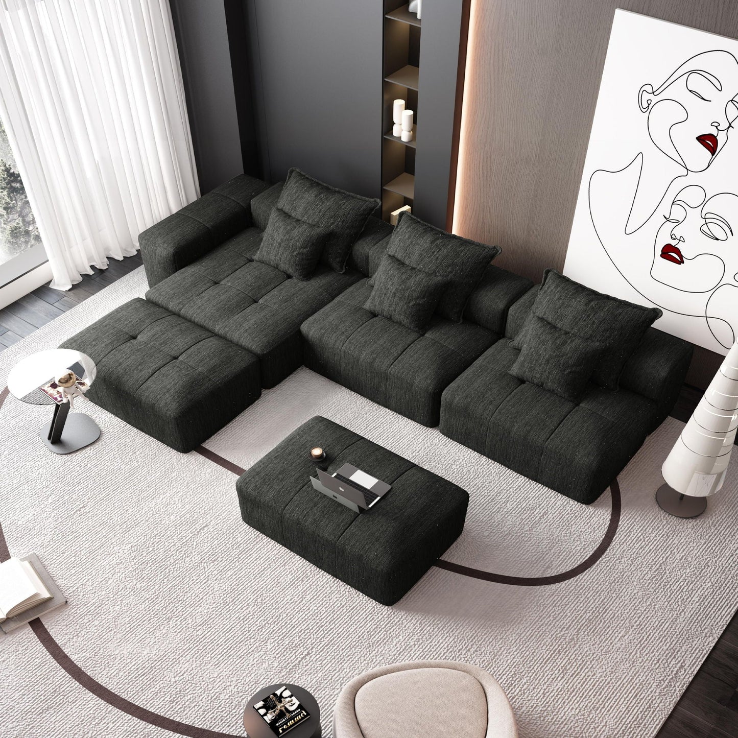 Modern oversized DIY modular sectional sofa with pillows in dark charcoal fabric by HouseOfZazla on Tampa Home & Garden Store
