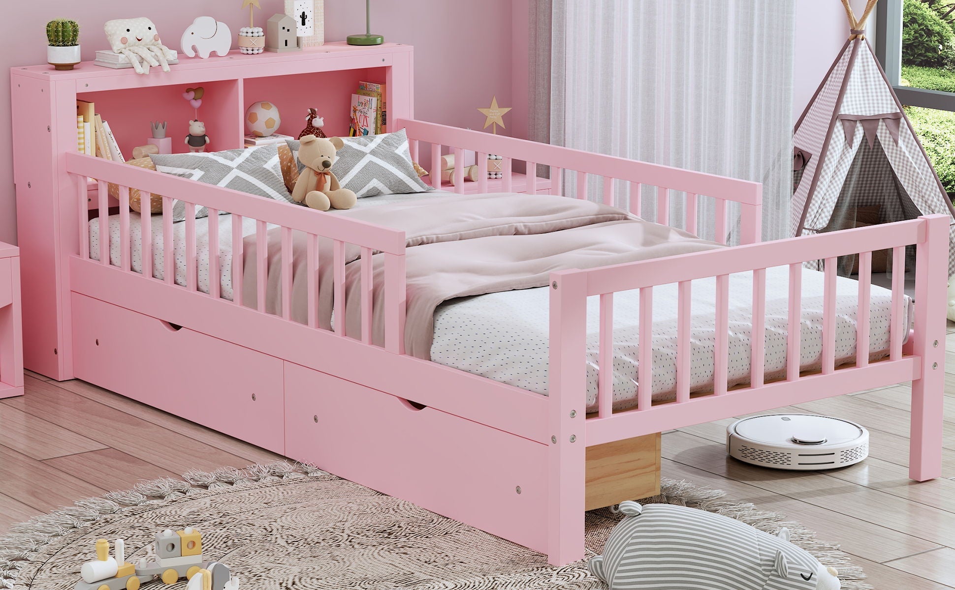 Pink storage bed with headboard rack 2 underbed drawers 3 side guardrails by HouseOfZazla on Tampa Home & Garden Store