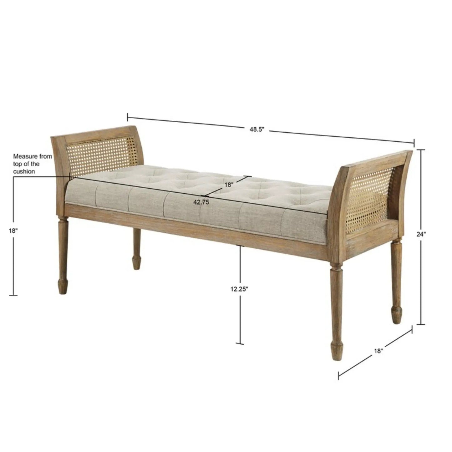 Accent bench with arm natural wood frame beige tufted cushion cane sides Unique Piece Furniture on Tampa Home & Garden Store