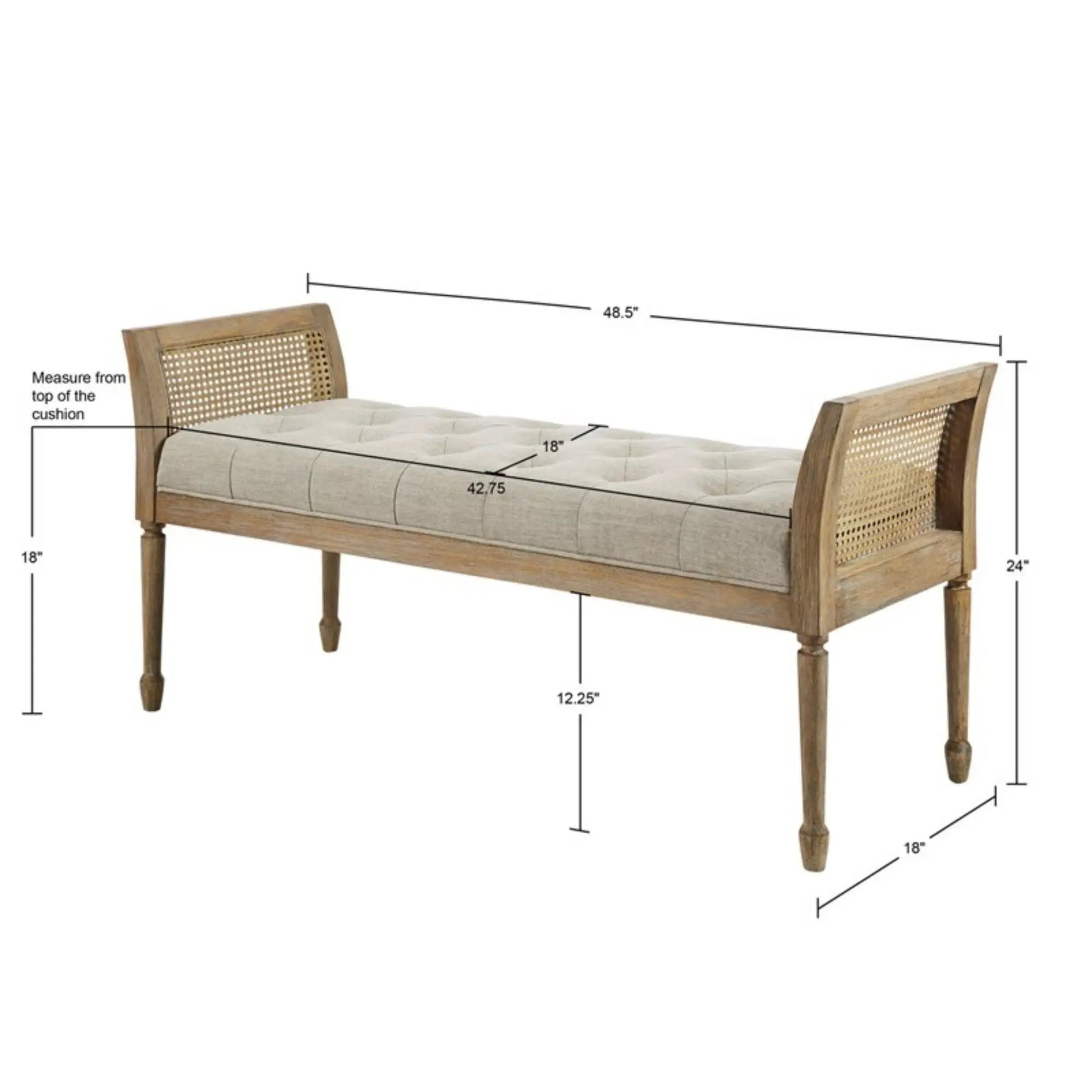 Accent bench with arm natural wood frame beige tufted cushion cane sides Unique Piece Furniture on Tampa Home & Garden Store