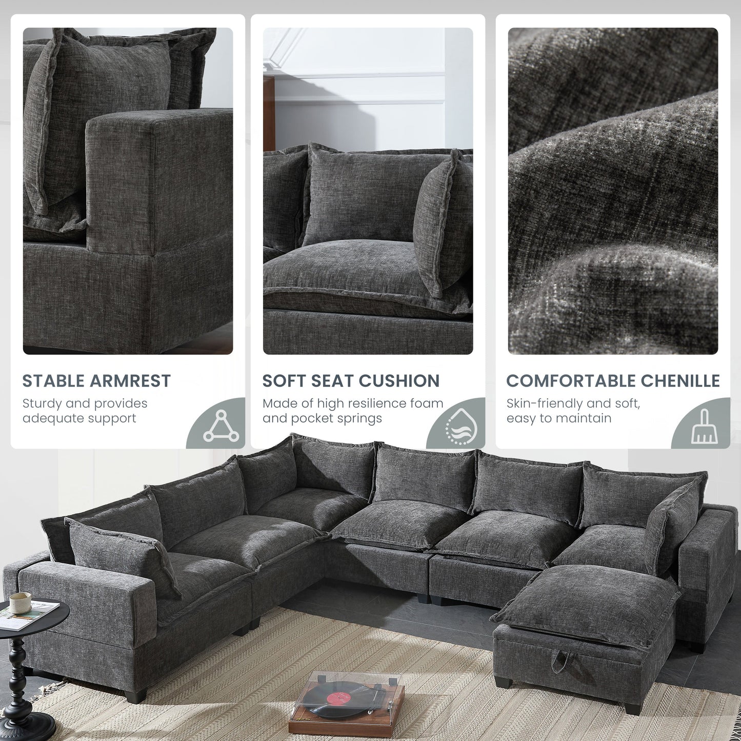 117.5'' modular sectional sofa in charcoal fabric with movable storage ottoman by HouseOfZazla on Tampa Home & Garden Store