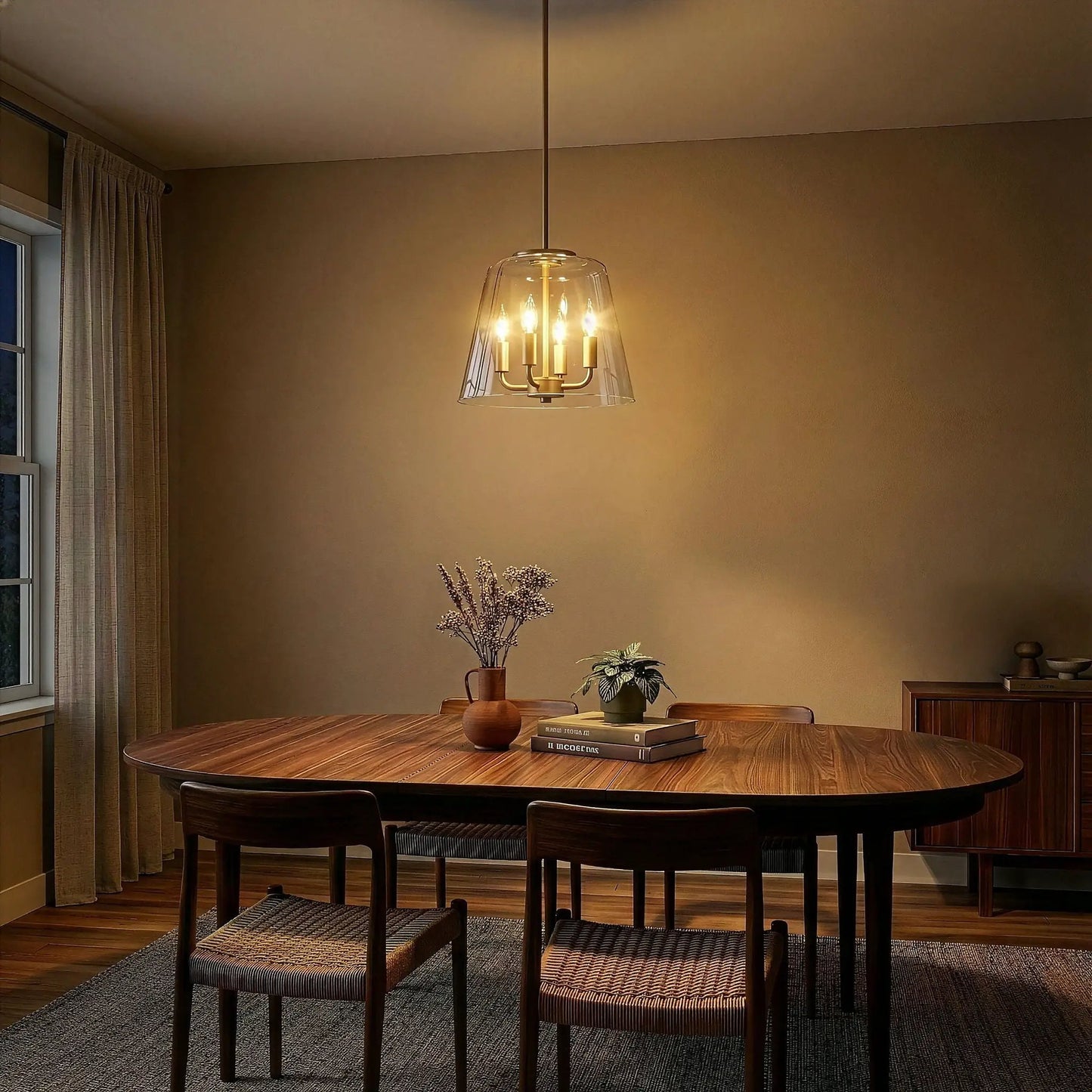 Soiree 4-Candle Pendant light with glass shade and warm brass frame by Unique Piece Furniture on Tampa Home & Garden Store