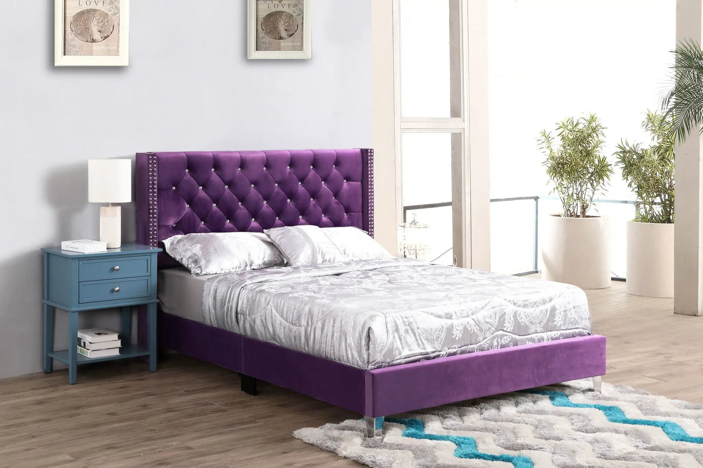 Upholstered Nailhead Trim Chic Bed purple tufted headboard with studded sides on Tampa Home & Garden Store