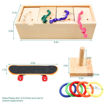 Parrot puzzle training toy by Sell My Stuff; wooden 4-compartment box with rope toys and rings on Tampa Home & Garden Store