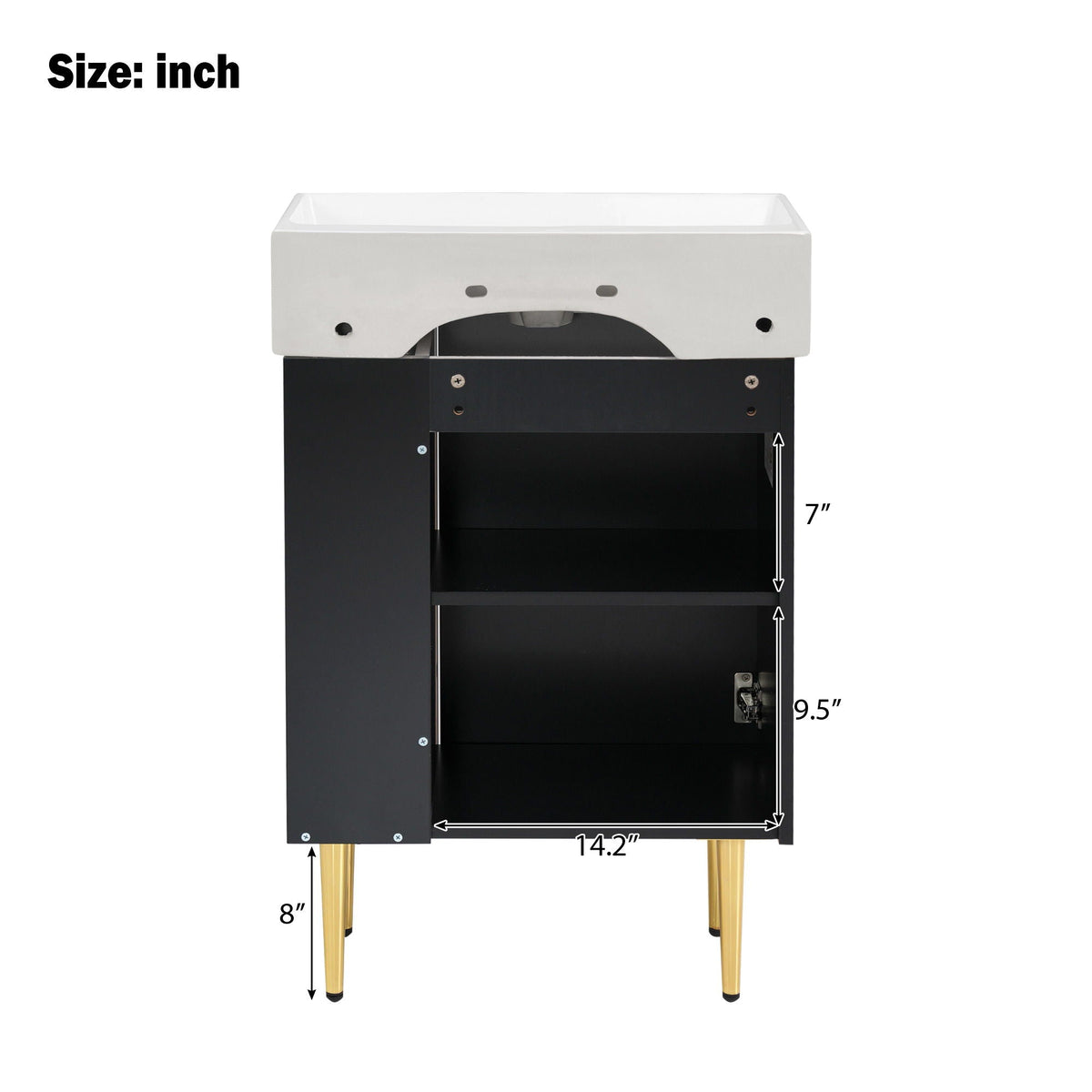 Bathroom vanity with single ceramic sink, black storage cabinet, and gold legs on Tampa Home & Garden Store