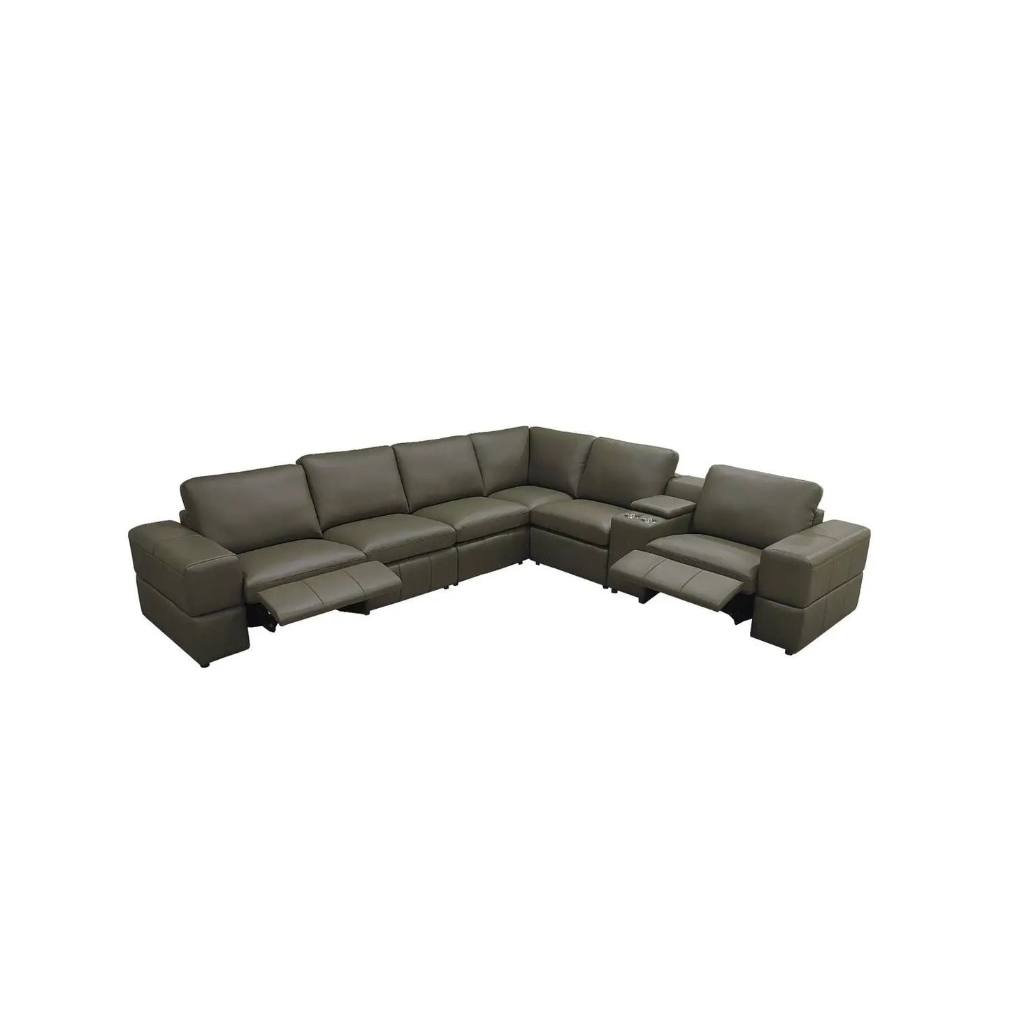 Upholstered Large Arms Sectional With Recliner Seats in olive leather, center console on Tampa Home & Garden Store