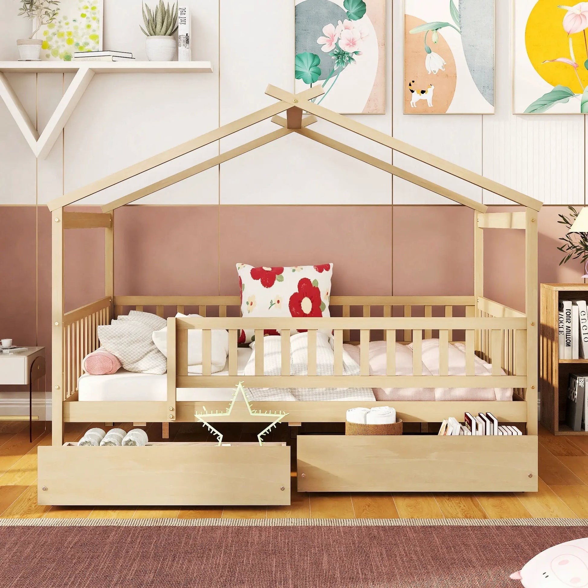 House Bed With 2 Drawers natural wood frame, built-in drawers Unique Piece Furniture on Tampa Home & Garden Store