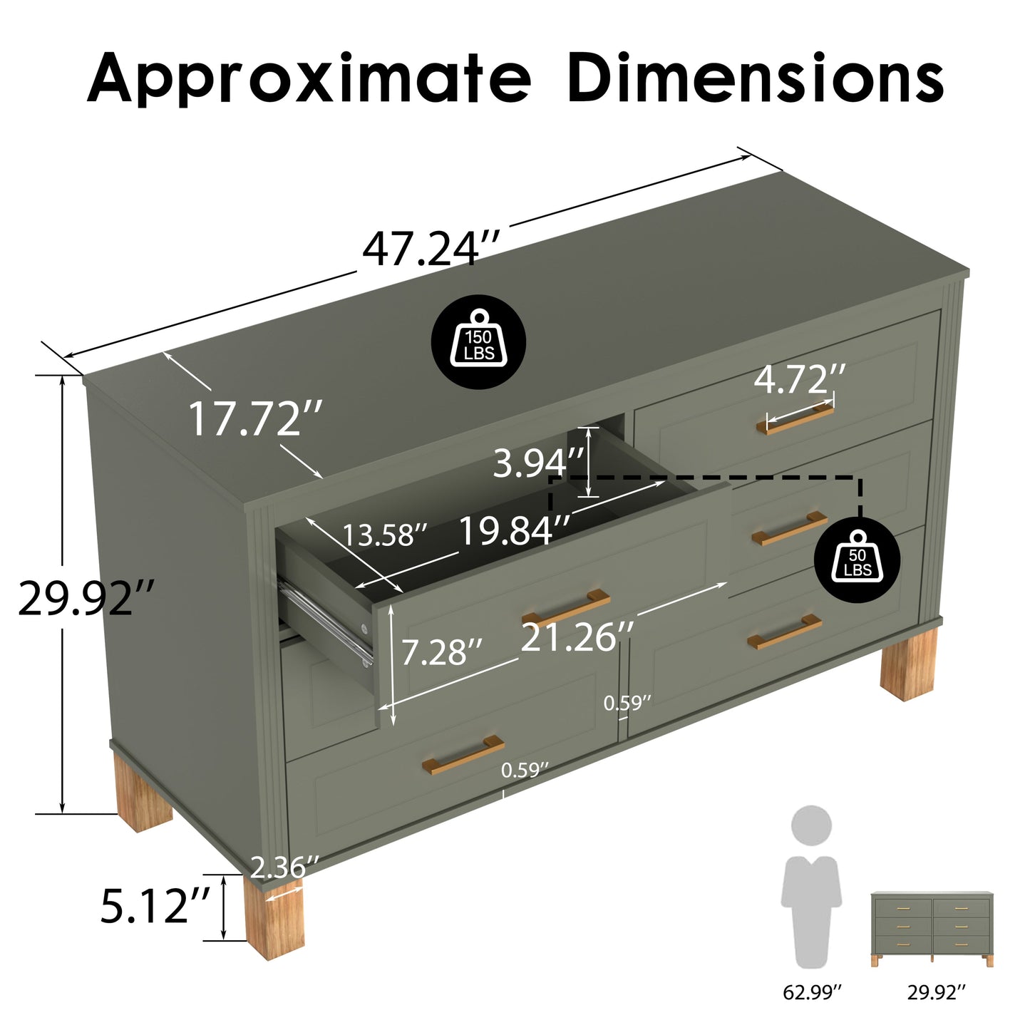 6-Drawer Double Dresser in Olive by HouseOfZazla, brass hardware and wooden legs on Tampa Home & Garden Store
