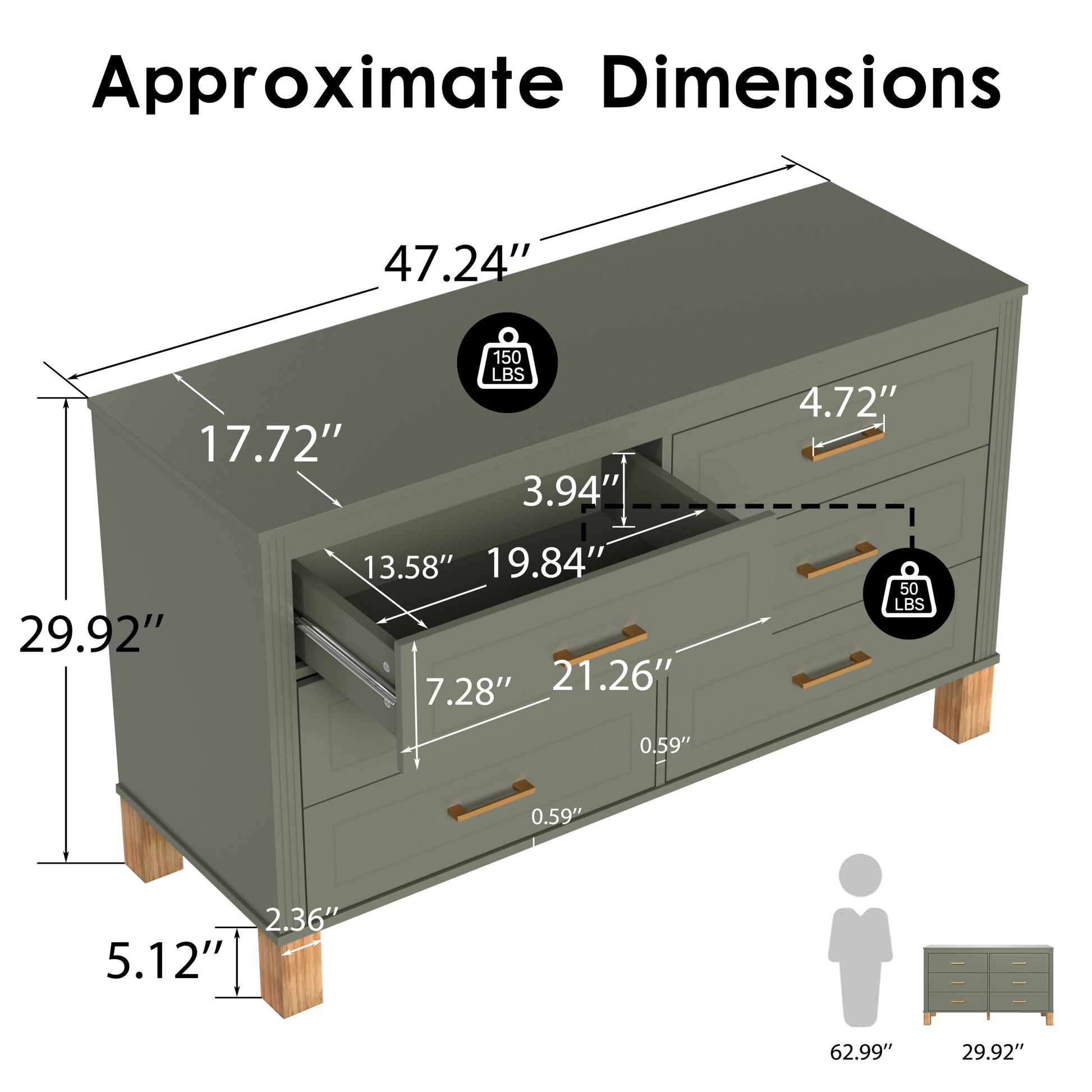 6-Drawer Double Dresser in Olive by HouseOfZazla, brass hardware and wooden legs on Tampa Home & Garden Store