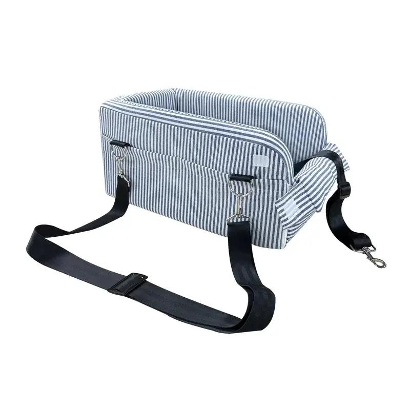 Center Console Dog Car Seat in blue fabric with strap The Max & Rex Collection Car Crate on Tampa Home & Garden Store