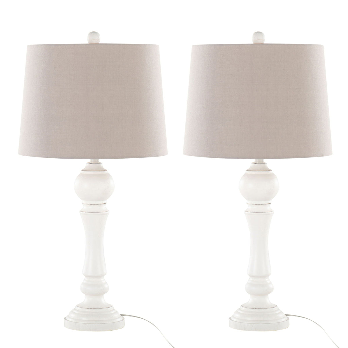 Winston farmhouse poly table lamp set of 2 with beige fabric drum shades on white bases on Tampa Home & Garden Store