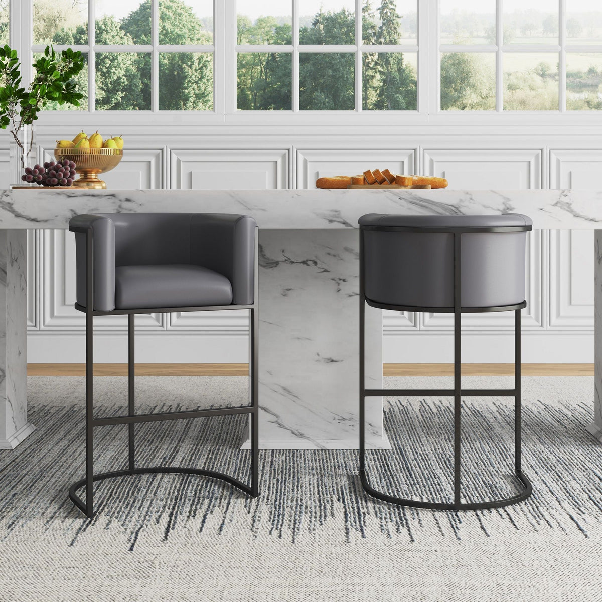 Cosmopolitan counter-height stool with upholstered gray seat and black metal frame, HouseOfZazla pair on Tampa Home & Garden Store