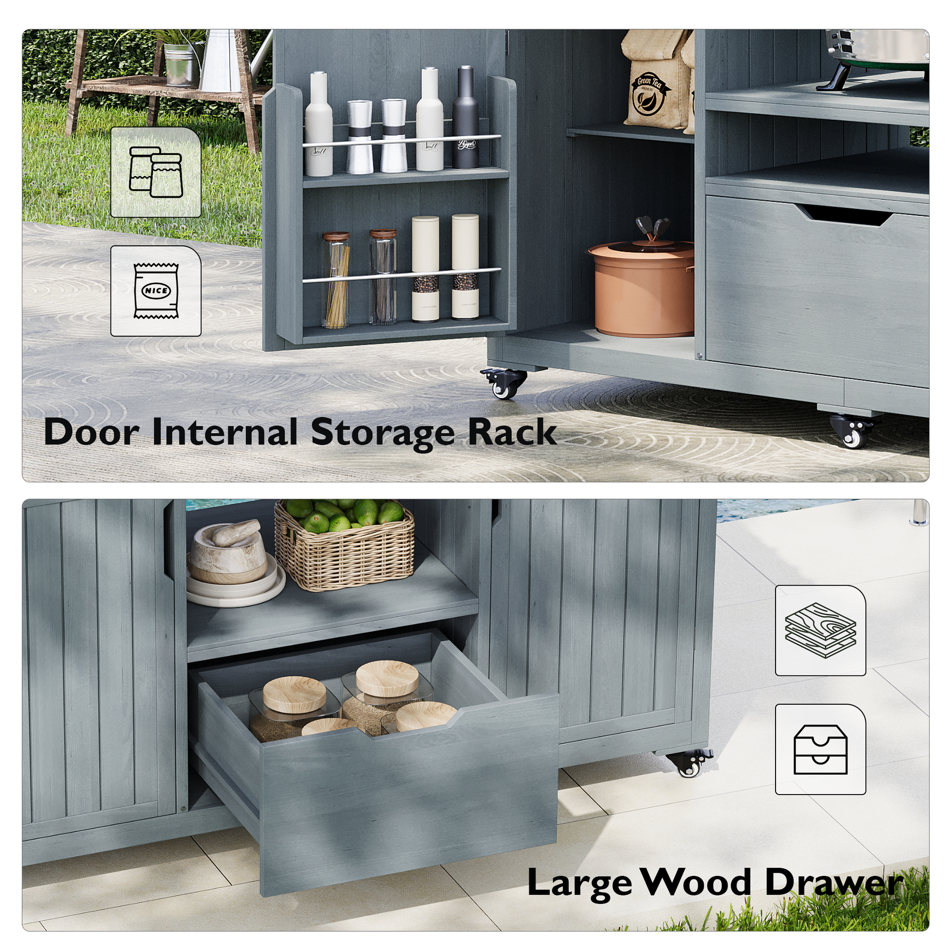 Outdoor Kitchen Island 66.5in with open shelves and storage rack in blue-gray by HouseOfZazla on Tampa Home & Garden Store