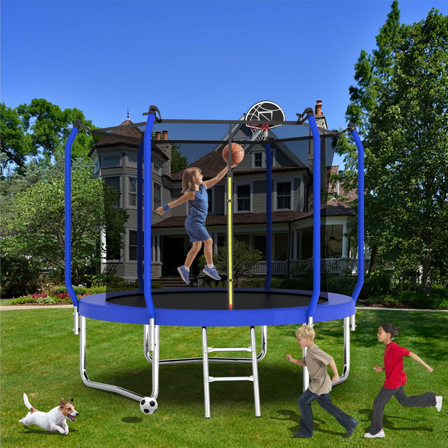 Outdoor Backyard Trampoline and Basketball Hoop