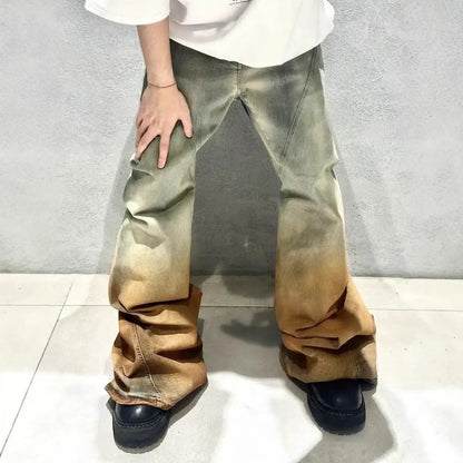 Men's Gradient Trousers Wide Leg Distressed Casual Jeans FLIPSTYLEZLLC, green-to-tan on Tampa Home & Garden Store