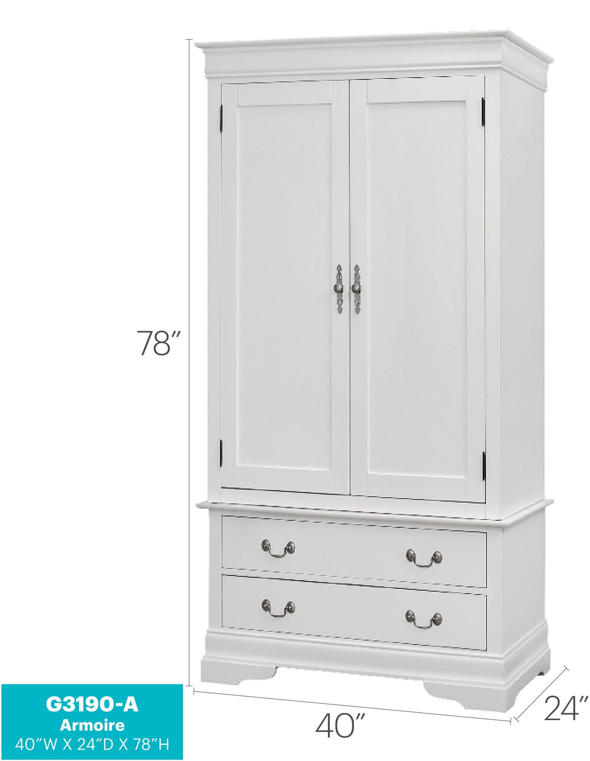 White traditional armoire with hanging bar, doors; HouseOfZazla chifforobe 40W x 24D x 78H on Tampa Home & Garden Store