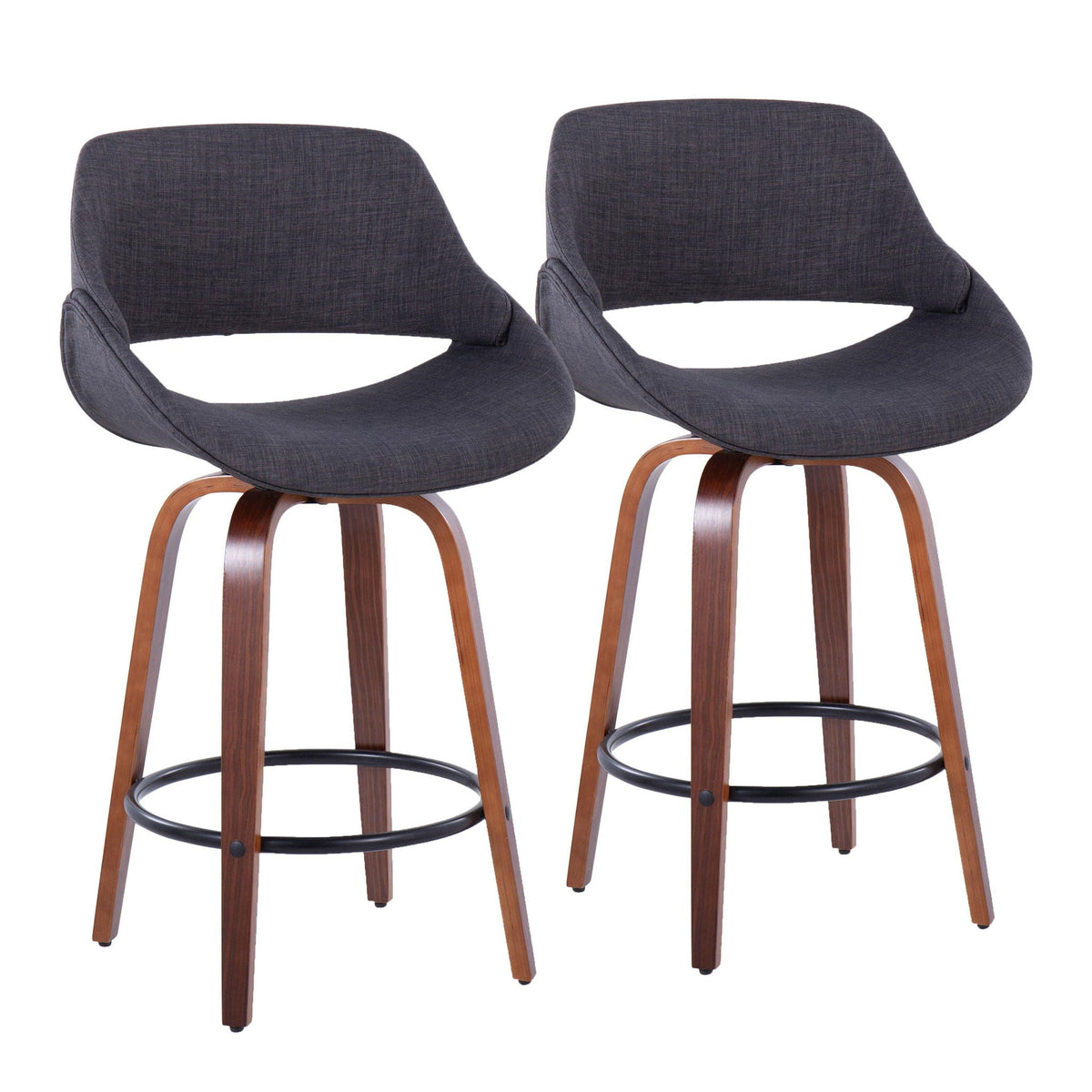 Counter Stool Set of 2 in dark gray fabric with curved wood legs and round footrest on Tampa Home & Garden Store