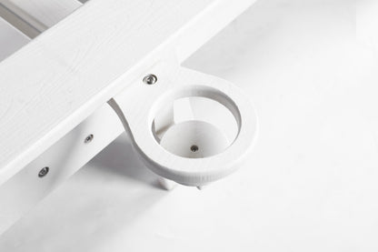 Outdoor lounge chair with white wood-textured finish and circular ring armrest on Tampa Home & Garden Store