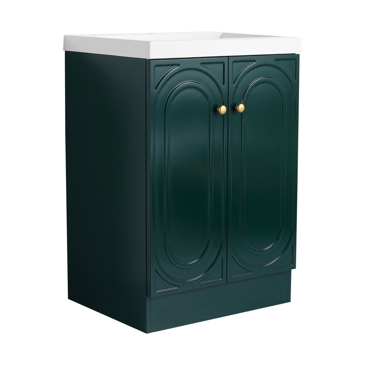 Freestanding bath vanity with white resin sink on green cabinet, arched doors and brass knobs on Tampa Home & Garden Store