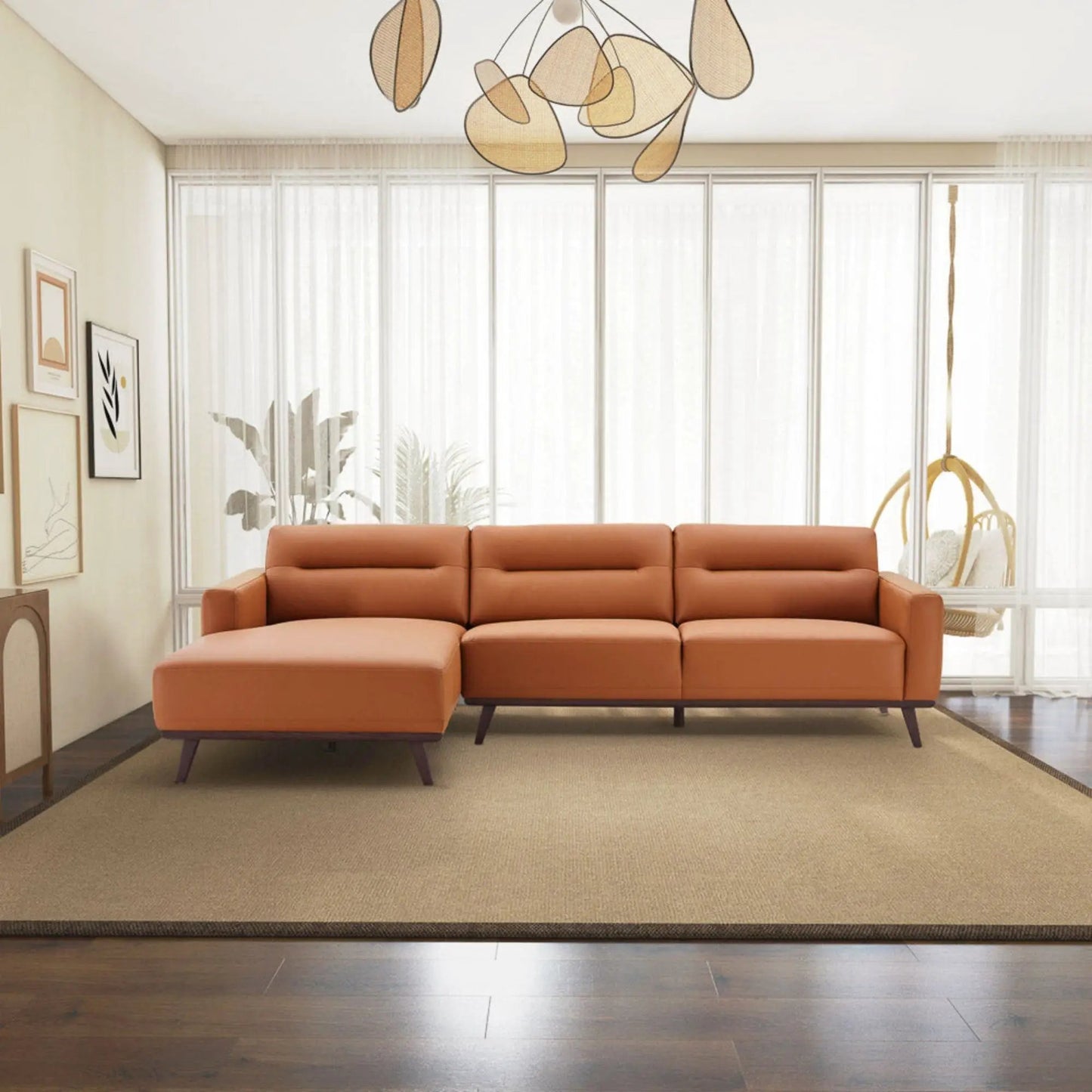 Ella L-shaped stationary sectional couch in tan leather with ottoman and slim metal legs on Tampa Home & Garden Store