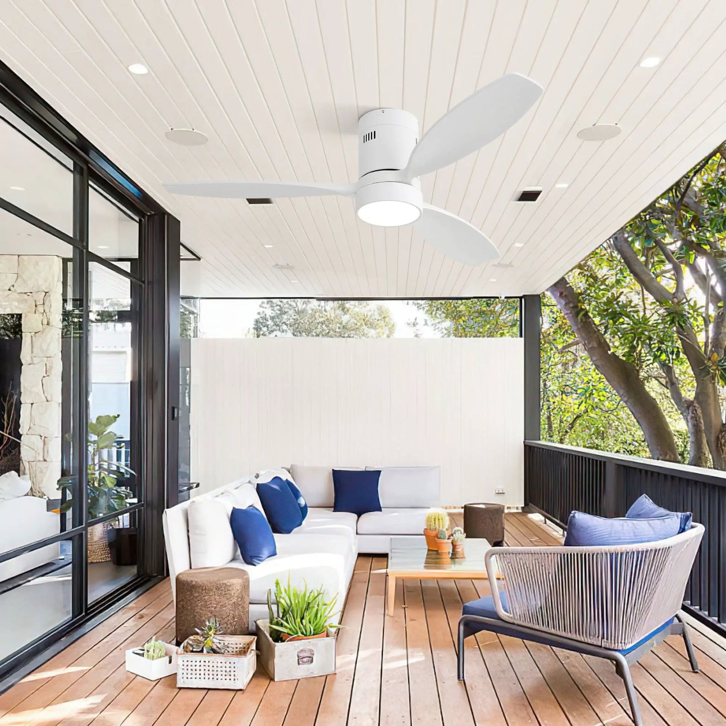 White indoor/outdoor ceiling fan with remote LED light and reversible DC motor on Tampa Home & Garden Store