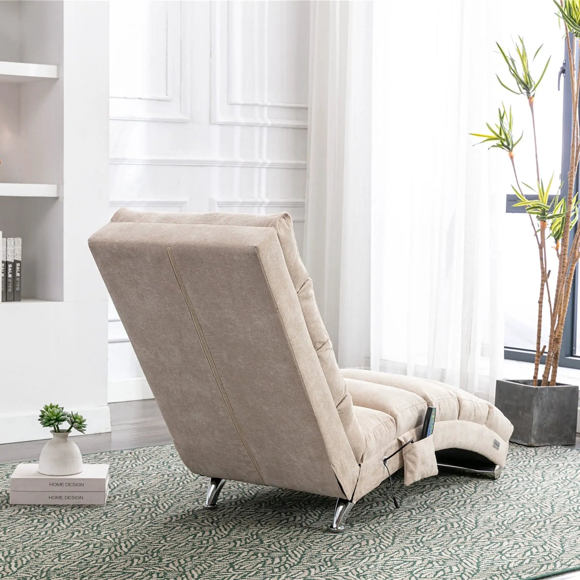 Massage chaise lounge with remote control in beige fabric upholstery on Tampa Home & Garden Store