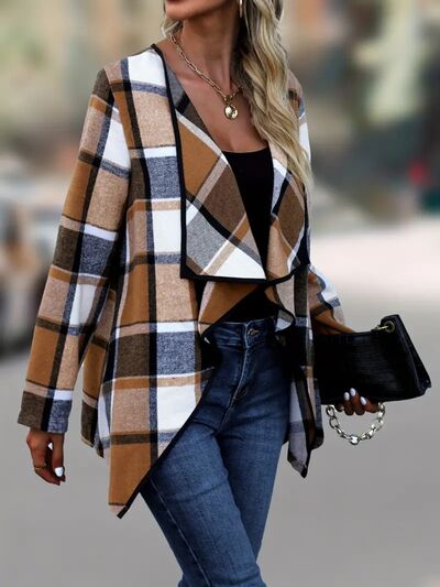 Elegant Plaid Open Front Long Sleeve Jacket by Stevvex in tan brown checks outerwear on Tampa Home & Garden Store