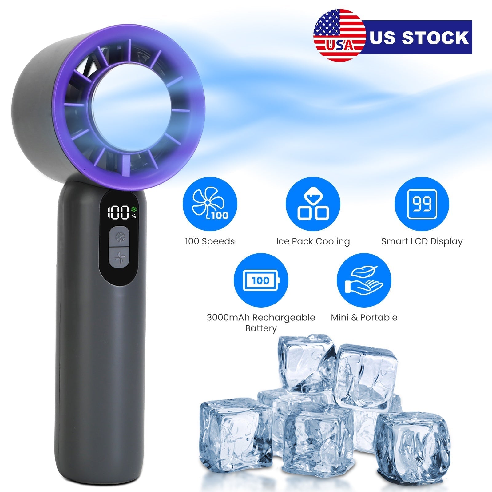 GemGear 100-Speed Handheld Fan with purple ring and LCD display; 3000mAh rechargeable on Tampa Home & Garden Store