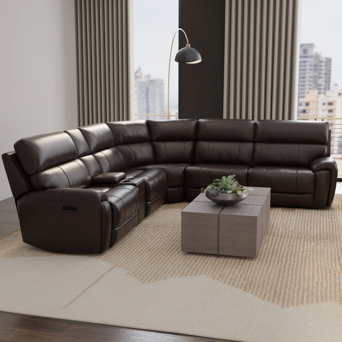Brazil Power Sectional reclining sofa with adjustable headrest and footrest in dark brown leather on Tampa Home & Garden Store