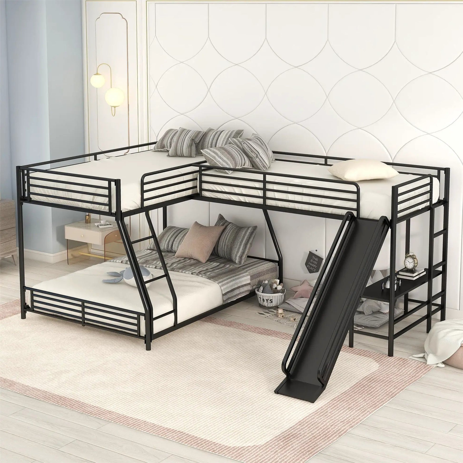 Black L-Shaped Twin-Over-Full bunk bed with built-in desk and slide, metal frame on Tampa Home & Garden Store
