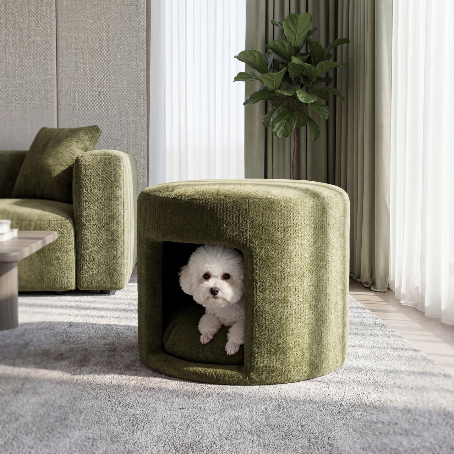 Ottoman in green with removable cushion and hidden pet nook, dog peeks out on Tampa Home & Garden Store