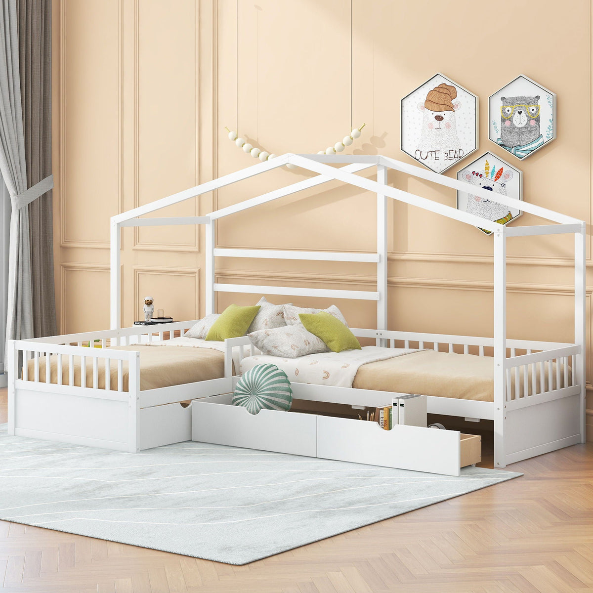 L-shaped platform bed with 3 under-bed storage drawers, white finish, HouseOfZazla on Tampa Home & Garden Store