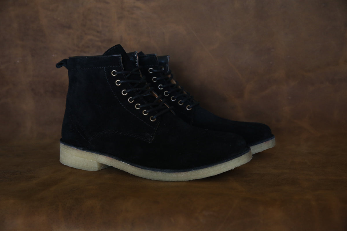 Hound & Hammer The Hunter black boot by Mercantile Mountain, black suede ankle boot with metal eyelets and light crepe sole on Tampa Home & Garden Store