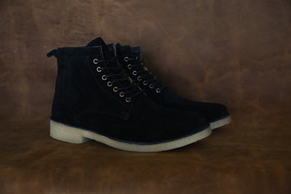 Hound & Hammer The Hunter black boot by Mercantile Mountain, black suede ankle boot with metal eyelets and light crepe sole on Tampa Home & Garden Store