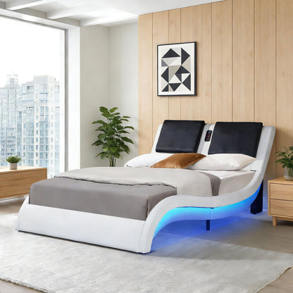 Two platform bed frames with LED lighting, gray upholstery and white bases by HouseOfZazla on Tampa Home & Garden Store