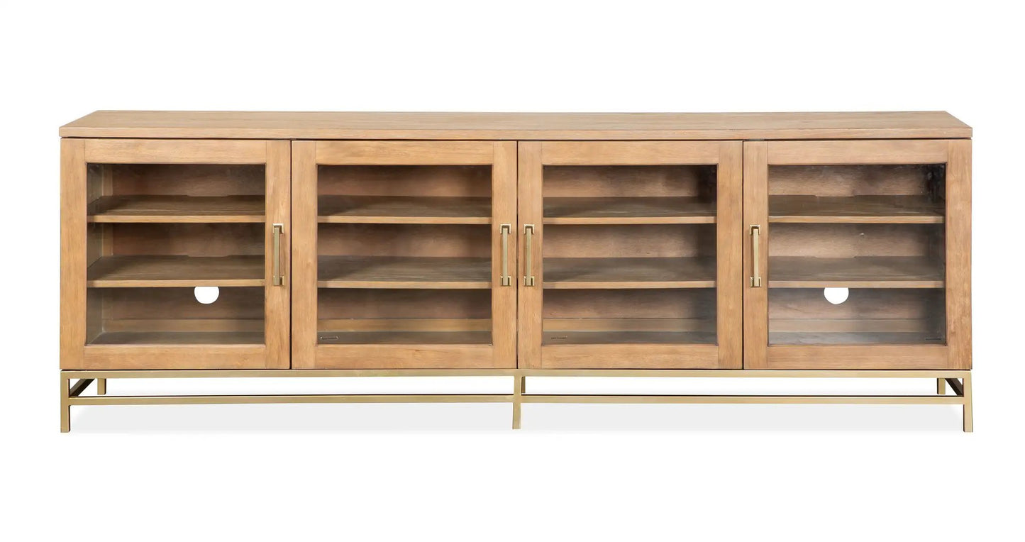 Lindon Console TV Stand by Unique Piece Furniture, natural oak with glass-front cabinets on Tampa Home & Garden Store