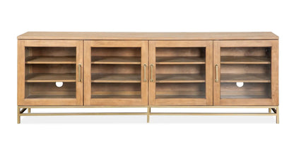 Lindon Console TV Stand by Unique Piece Furniture, natural oak with glass-front cabinets on Tampa Home & Garden Store