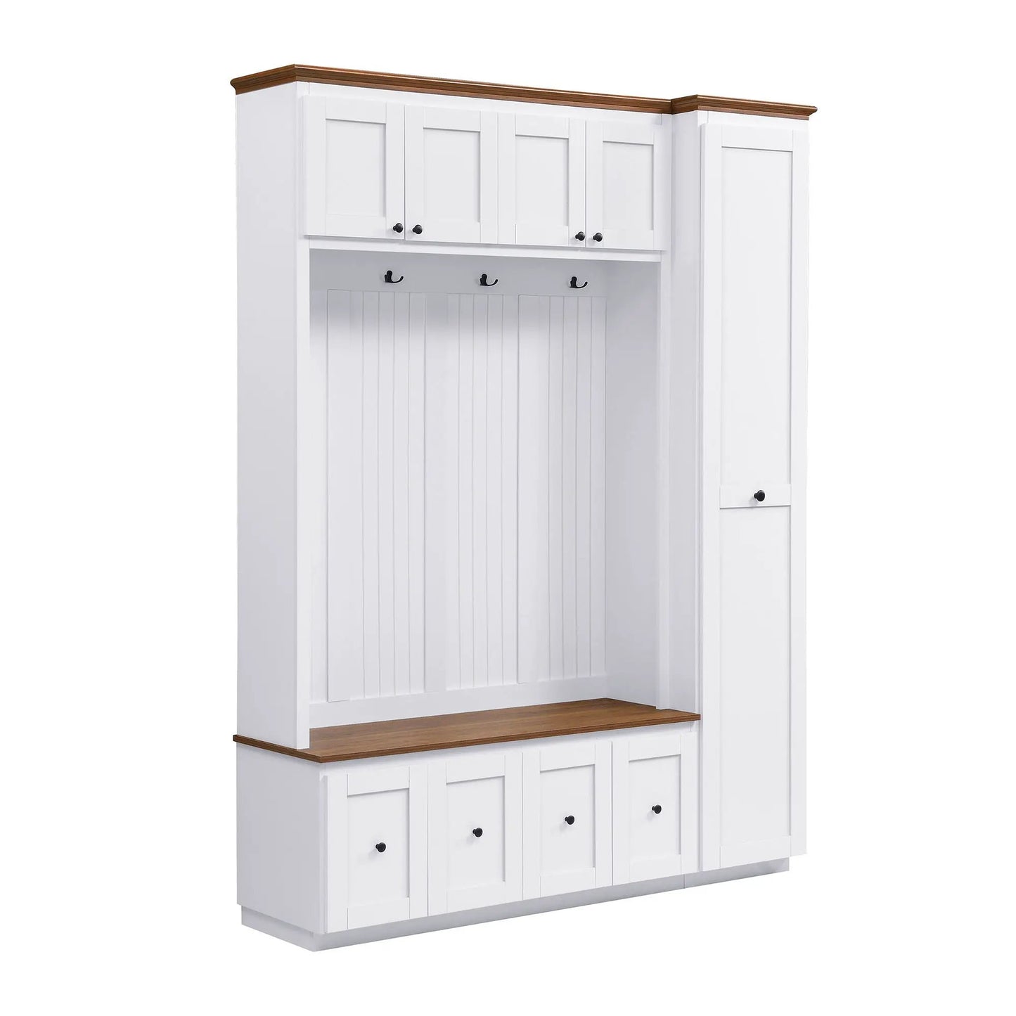 Entryway hall tree with storage bench in white, beadboard panels, coat hooks, wood-tone shelf on Tampa Home & Garden Store