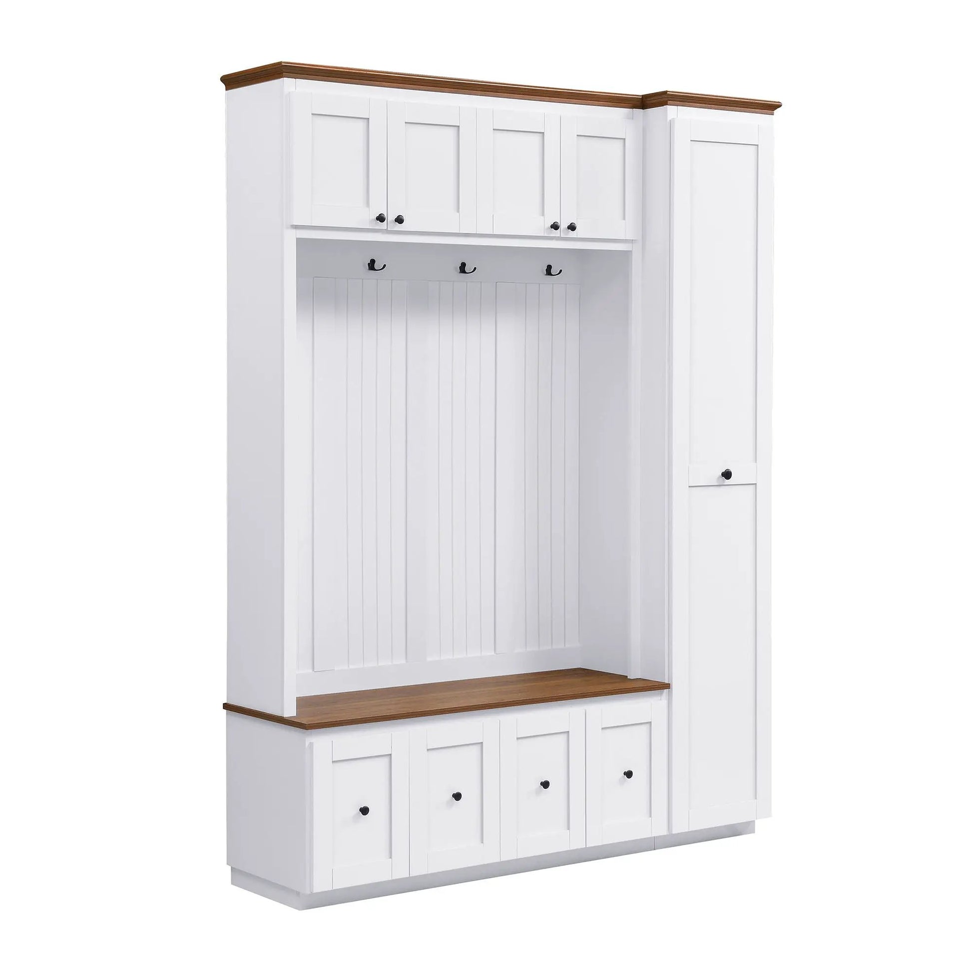 Entryway hall tree with storage bench in white, beadboard panels, coat hooks, wood-tone shelf on Tampa Home & Garden Store