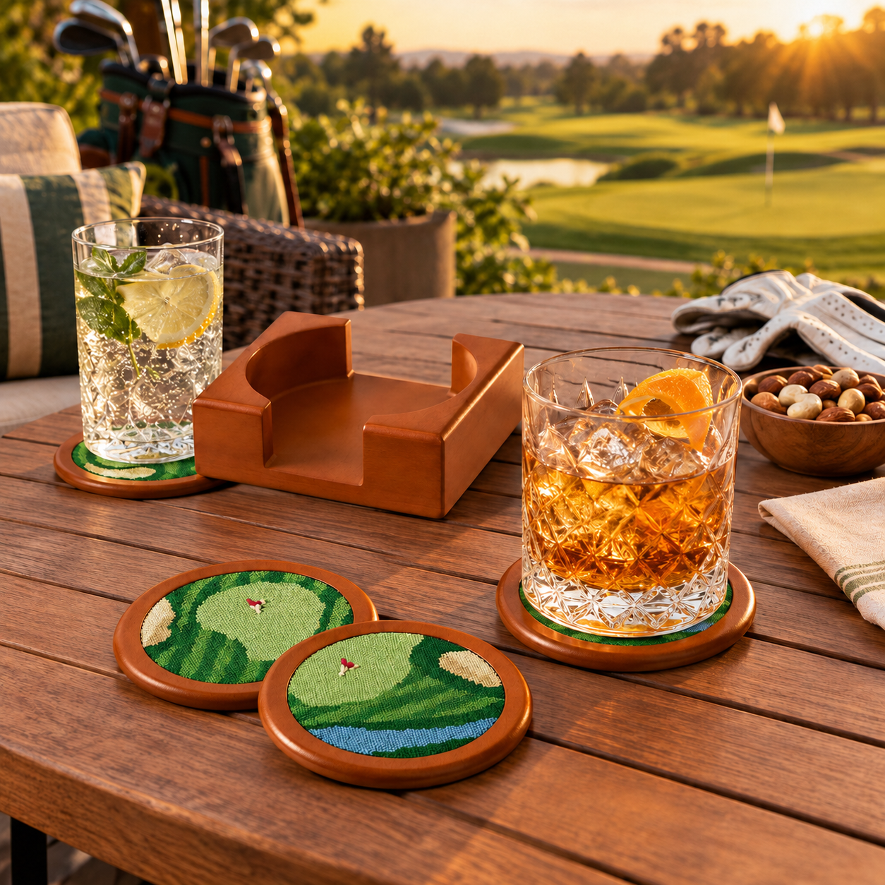 Set of Four Wooden Golf Coasters With Holder