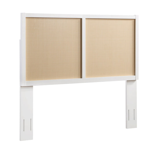 Cane headboard with adjustable height, two light brown woven panels and white frame on Tampa Home & Garden Store